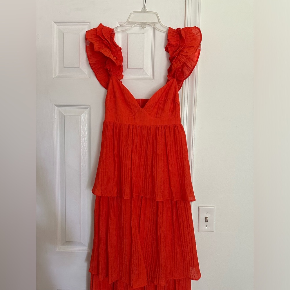 Ruffle Maxi Wedding Guest Dress in Coral/Orange-Red